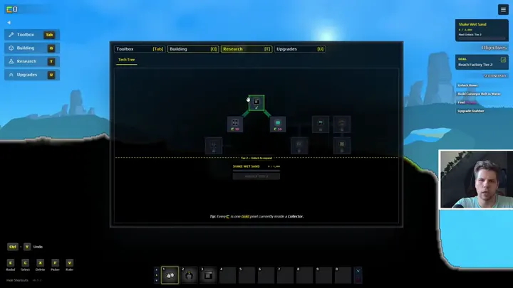 Sandustry research panel unlocking factory tiers with gold